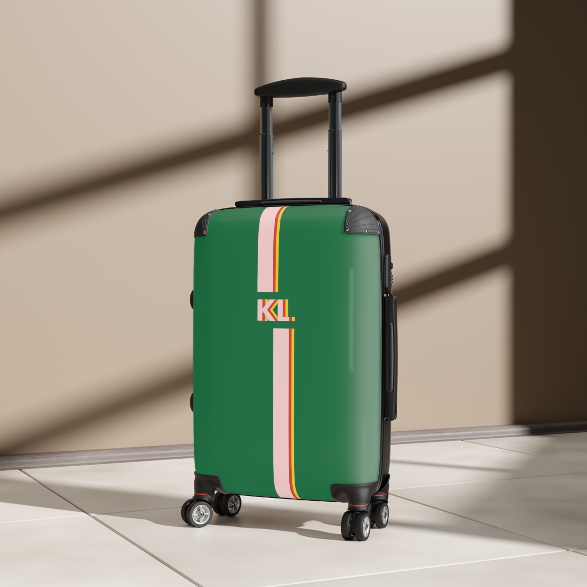 "GREEN AWAY" PERSONALIZED CARRY-ON LUGGAGE, suitcase in green color,  stripes in pink red yellow