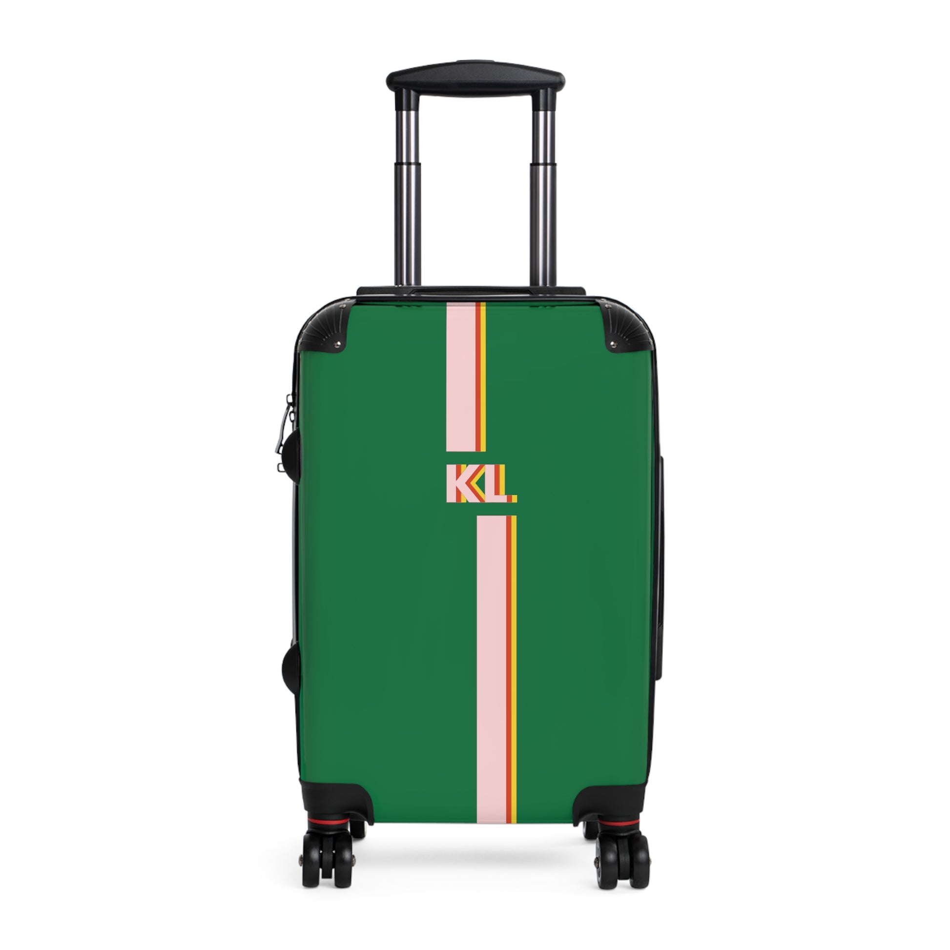 "GREEN AWAY" PERSONALIZED CARRY-ON LUGGAGE, suitcase in green color,  stripes in pink red yellow, cabin size suitcase